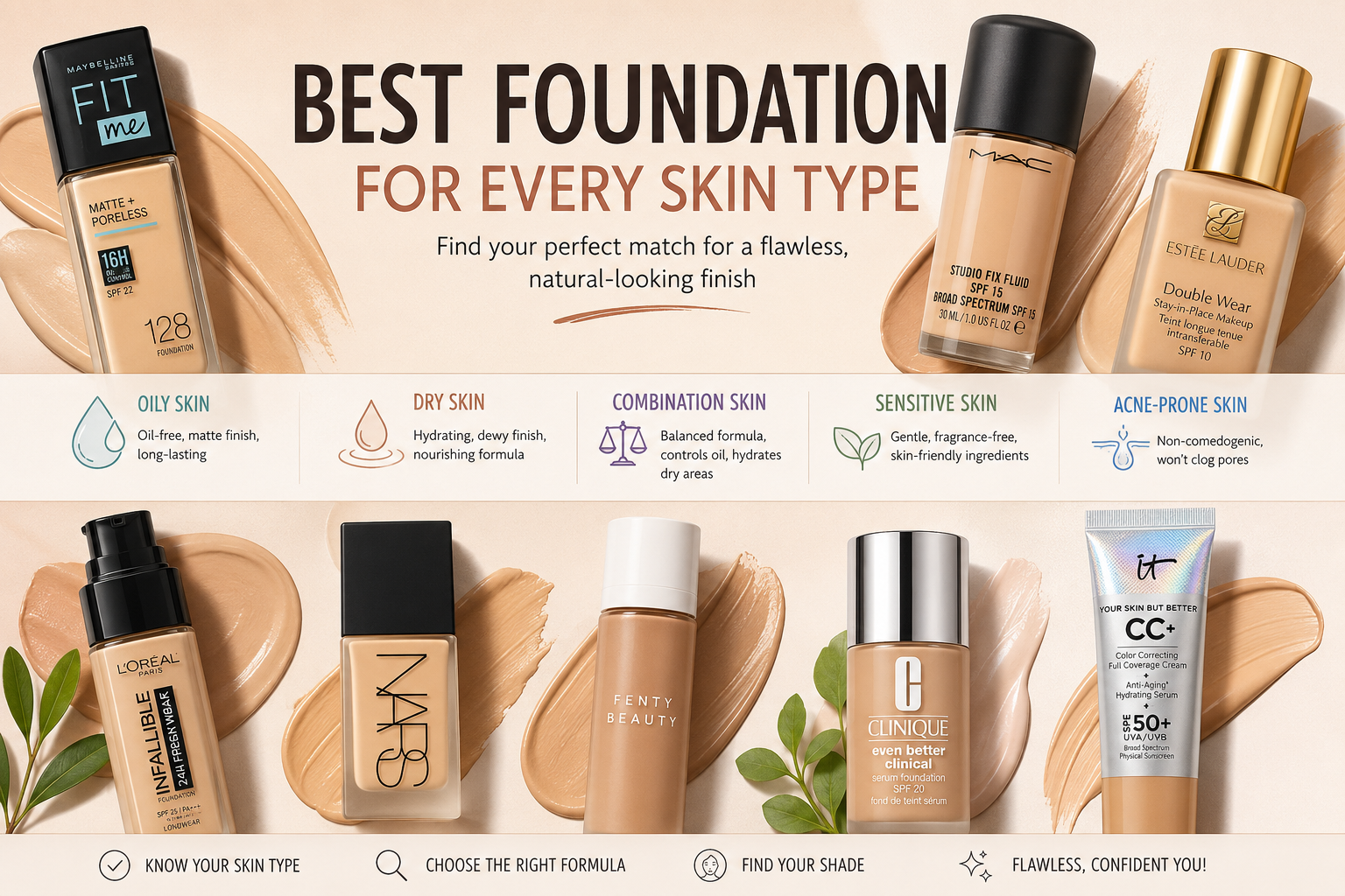 Best foundation for every skin type infographic featuring top foundation products for oily, dry, combination, sensitive, and acne-prone skin.